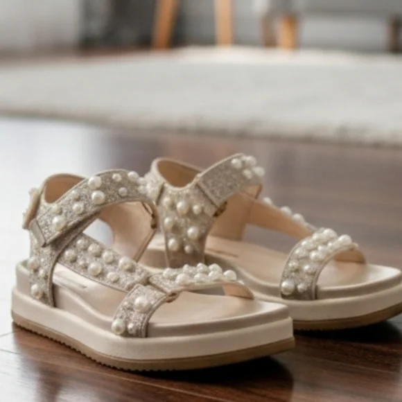 BCBGeneration Behka Raffia Pearl Ankle Strap Platform Flat Sandals Size 10 - Picture 3 of 6